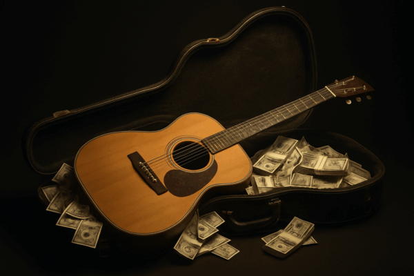 Eine Gitarre die in einem Gitarrenkoffer liegt mit Geldscheinen zum verdeutlichen, dass man mit dem Verkauf von Gitarren Geld verdienen kann